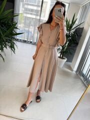 My 3739 Omuz Fırfırlı Krinkıl Nude Kemerli Elbise