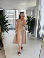 My 3739 Omuz Fırfırlı Krinkıl Nude Kemerli Elbise