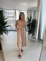 My 3739 Omuz Fırfırlı Krinkıl Nude Kemerli Elbise