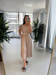 My 3739 Omuz Fırfırlı Krinkıl Nude Kemerli Elbise