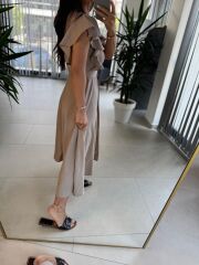 My 3739 Omuz Fırfırlı Krinkıl Nude Kemerli Elbise