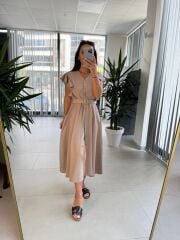 My 3739 Omuz Fırfırlı Krinkıl Nude Kemerli Elbise