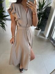 My 3739 Omuz Fırfırlı Krinkıl Nude Kemerli Elbise