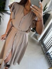 My 3739 Omuz Fırfırlı Krinkıl Nude Kemerli Elbise