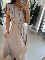 My 3739 Omuz Fırfırlı Krinkıl Nude Kemerli Elbise