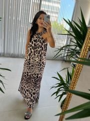 Ms Yaka Detaylı Leopar Elbise