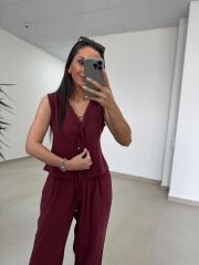 Fp 51192 Kolsuz Gizli Düğme Bluzlu Bordo Takım