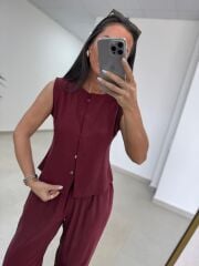 Fp 51192 Kolsuz Gizli Düğme Bluzlu Bordo Takım