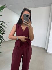 Fp 51192 Kolsuz Gizli Düğme Bluzlu Bordo Takım