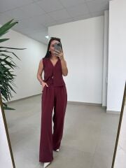 Fp 51192 Kolsuz Gizli Düğme Bluzlu Bordo Takım