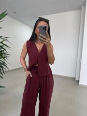 Fp 51192 Kolsuz Gizli Düğme Bluzlu Bordo Takım