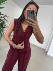 Fp 51192 Kolsuz Gizli Düğme Bluzlu Bordo Takım