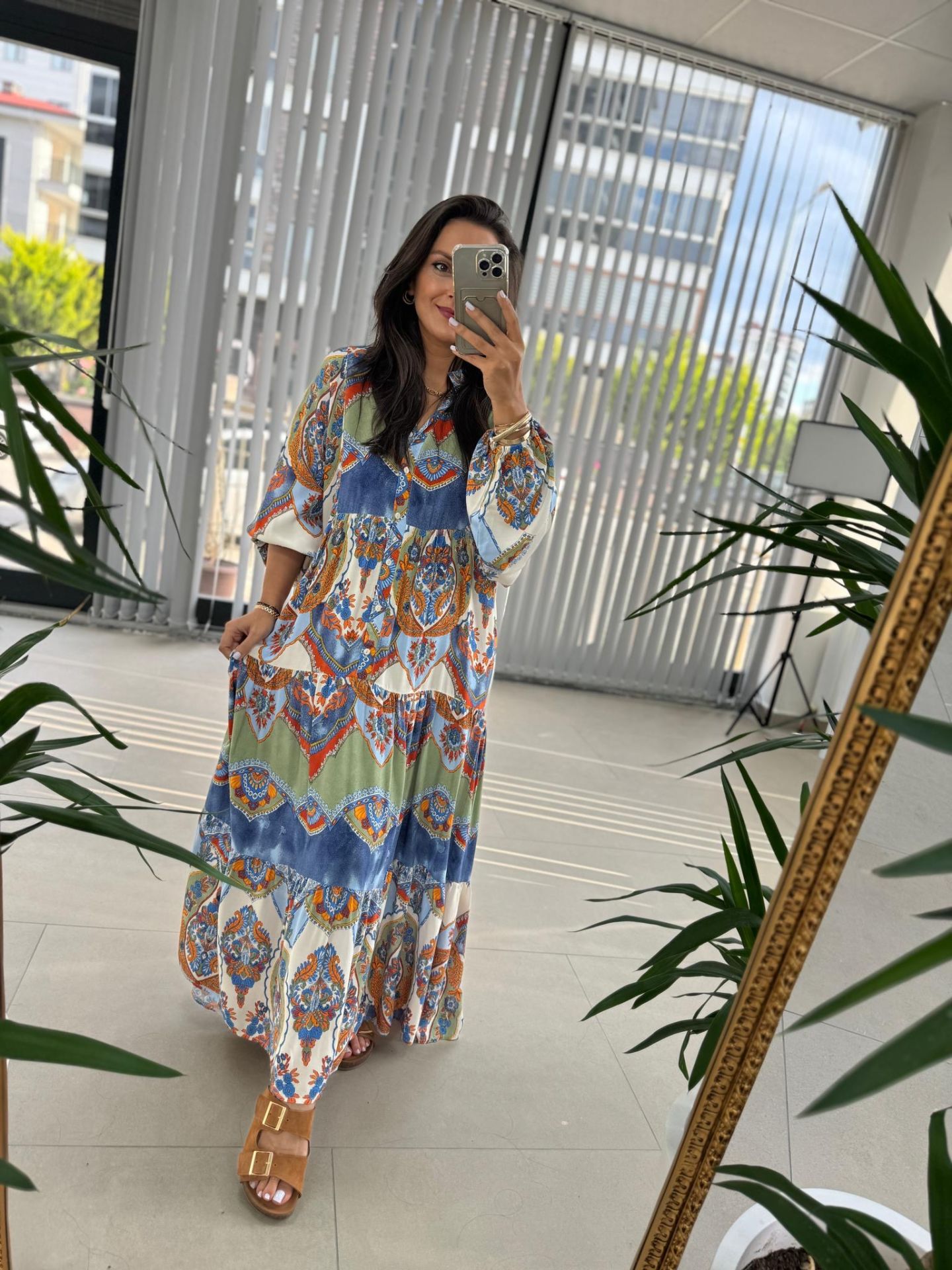 My 3043 Mavi Etnik Desen elbise