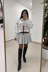 Pi 580728 Pileli Kemerli Gri Etek