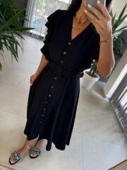 My 3739 Omuz Fırfırlı Krinkıl Siyah Kemerli Elbise