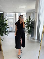 My 3739 Omuz Fırfırlı Krinkıl Siyah Kemerli Elbise