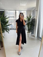 My 3739 Omuz Fırfırlı Krinkıl Siyah Kemerli Elbise