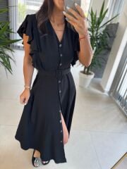 My 3739 Omuz Fırfırlı Krinkıl Siyah Kemerli Elbise