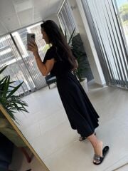 My 3739 Omuz Fırfırlı Krinkıl Siyah Kemerli Elbise