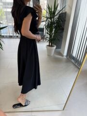 My 3739 Omuz Fırfırlı Krinkıl Siyah Kemerli Elbise