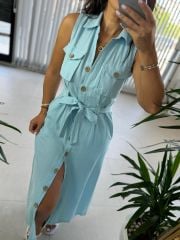 Mc 5946 Pocket Detailed Cotton Linen Baby Blue Dress
