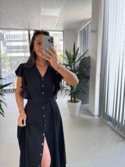 My 3739 Omuz Fırfırlı Krinkıl Siyah Kemerli Elbise