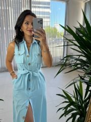 Mc 5946 Pocket Detailed Cotton Linen Baby Blue Dress