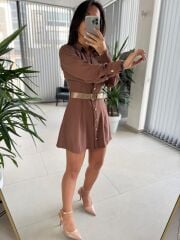Fw 0367 Linda Kahve Mini Gömlek Elbise