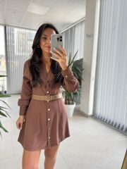 Fw 0367 Linda Kahve Mini Gömlek Elbise