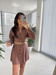 Fw 0367 Linda Kahve Mini Gömlek Elbise