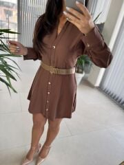Fw 0367 Linda Kahve Mini Gömlek Elbise