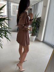 Fw 0367 Linda Kahve Mini Gömlek Elbise
