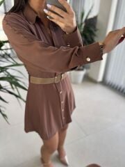 Fw 0367 Linda Kahve Mini Gömlek Elbise