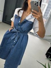 Dr 2624 Beyaz Gömlek Detaylı Denim Elbise