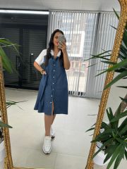 Dr 2624 Beyaz Gömlek Detaylı Denim Elbise