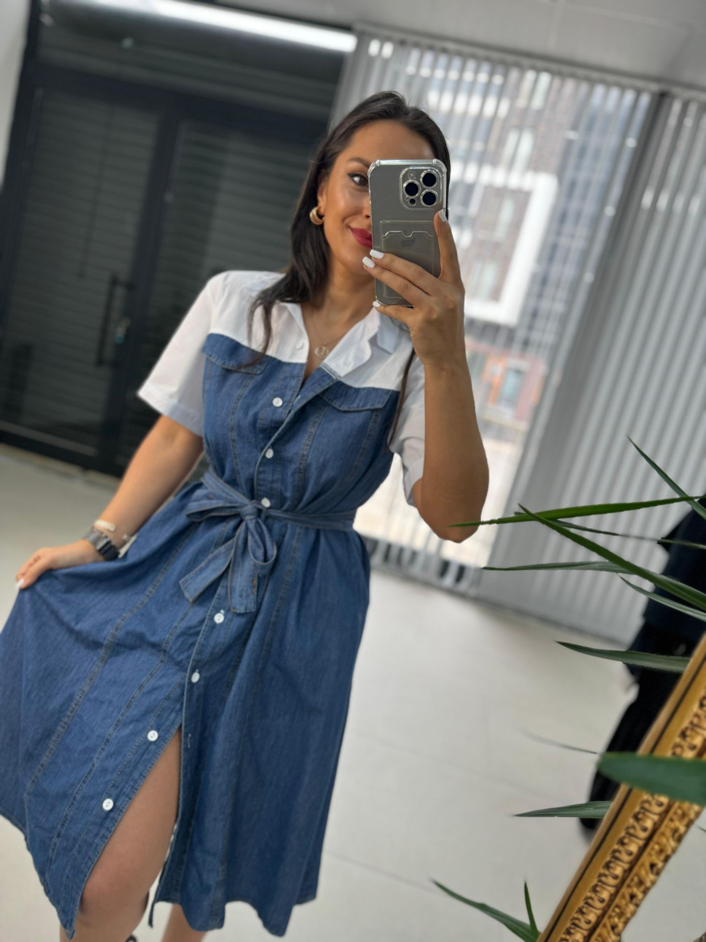 Dr 2624 Beyaz Gömlek Detaylı Denim Elbise