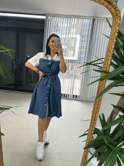 Dr 2624 Beyaz Gömlek Detaylı Denim Elbise