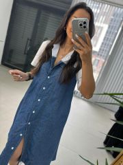 Dr 2624 Beyaz Gömlek Detaylı Denim Elbise