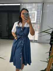 Dr 2624 Beyaz Gömlek Detaylı Denim Elbise