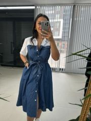Dr 2624 Beyaz Gömlek Detaylı Denim Elbise