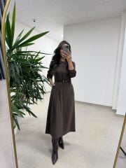 Ms 2894 Gizli Fermuar Detaylı Tensel A.Kahve Elbise