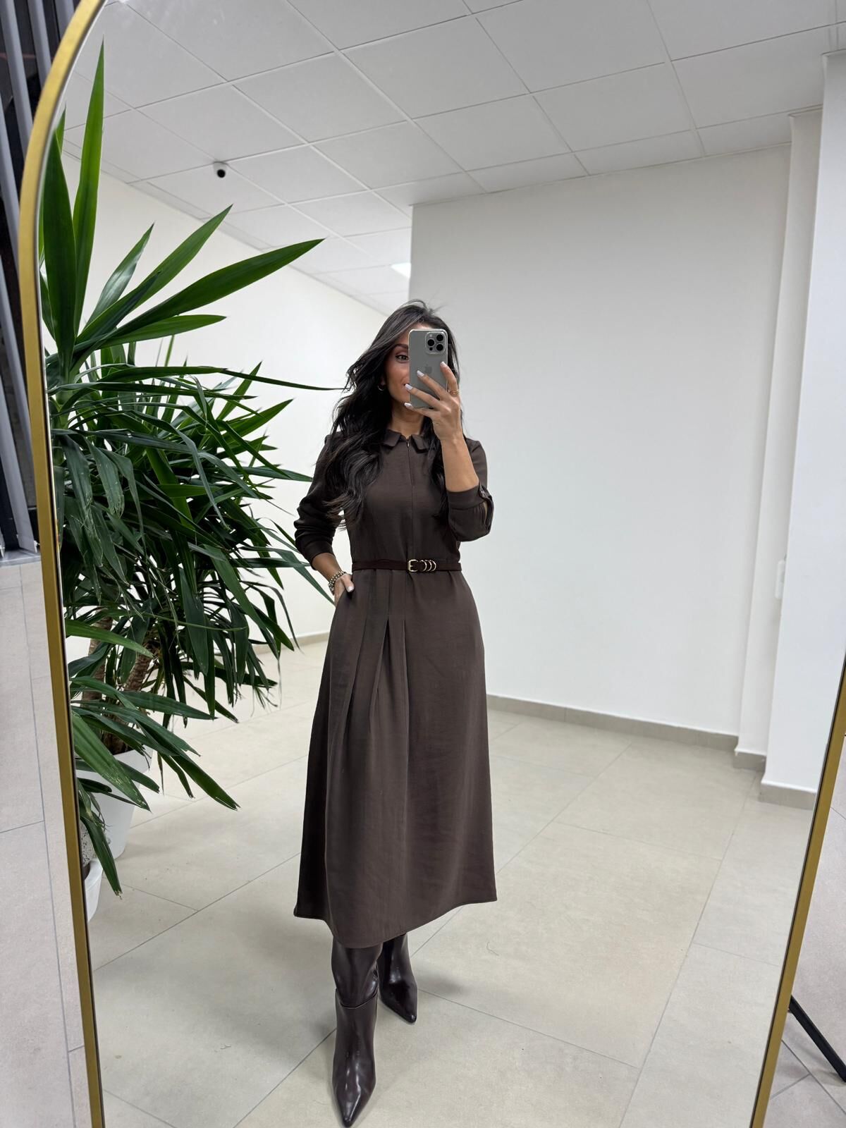 Ms 2894 Gizli Fermuar Detaylı Tensel A.Kahve Elbise