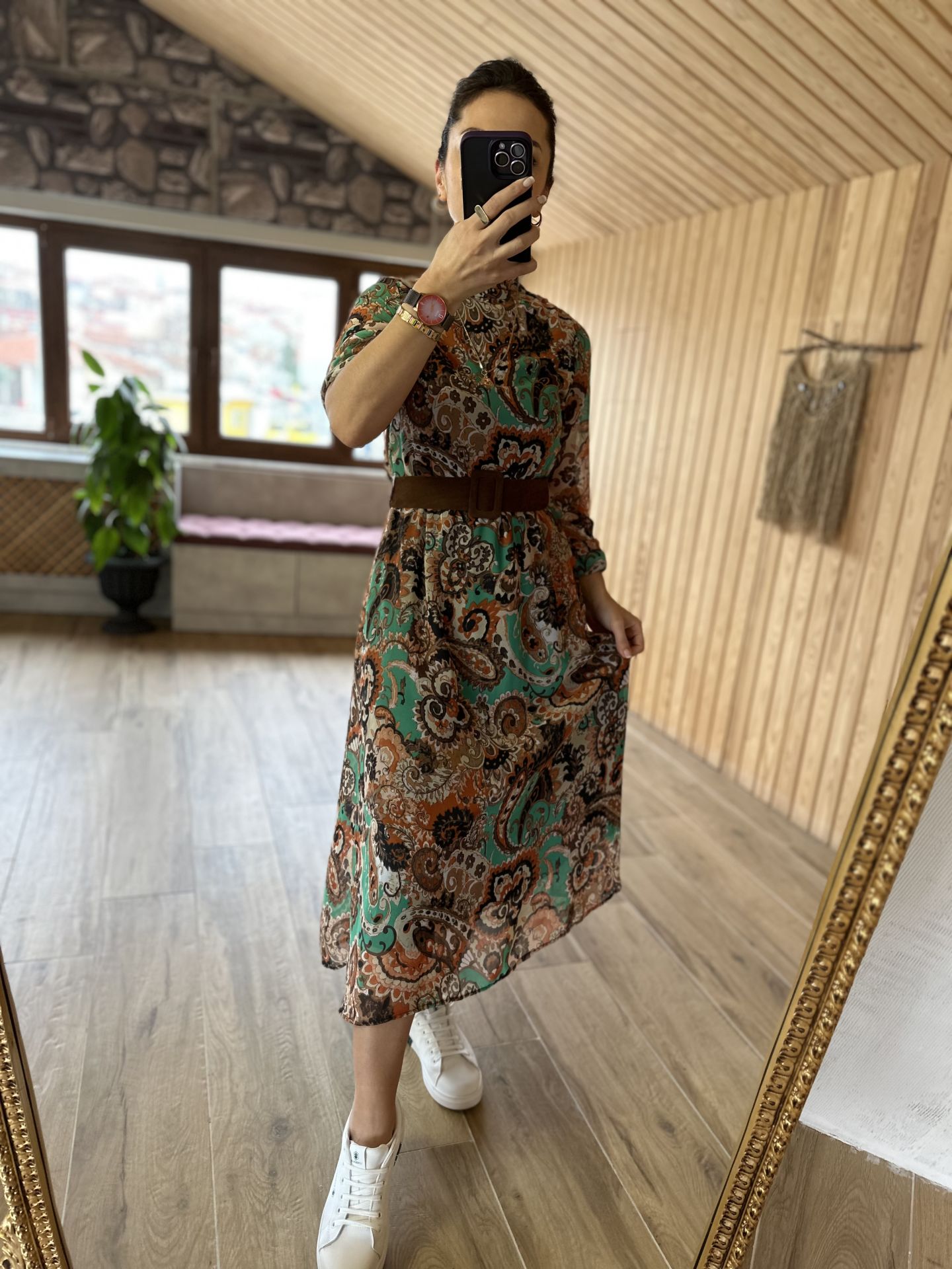 My 3050 Kahve nubuk kemerli midi şifon elbise