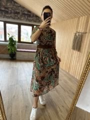 My 3050 Kahve nubuk kemerli midi şifon elbise