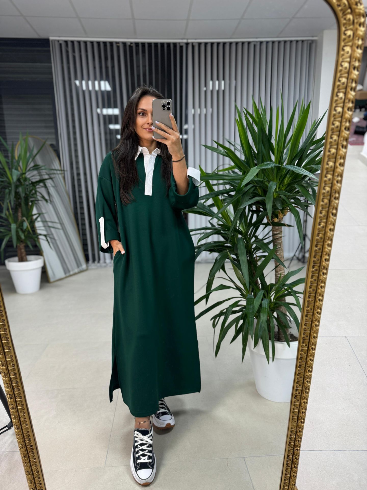 Dr 8161 Gömlek Yaka Detaylı Zümrüt Yeşili Modal Elbise