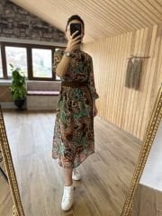 My 3050 Kahve nubuk kemerli midi şifon elbise