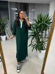 Dr 8161 Gömlek Yaka Detaylı Zümrüt Yeşili Modal Elbise
