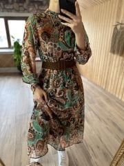 My 3050 Kahve nubuk kemerli midi şifon elbise
