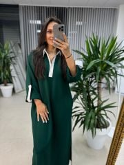 Dr 8161 Gömlek Yaka Detaylı Zümrüt Yeşili Modal Elbise