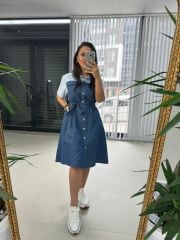 Dr 2624 Mavi Gömlek Detaylı Denim Elbise